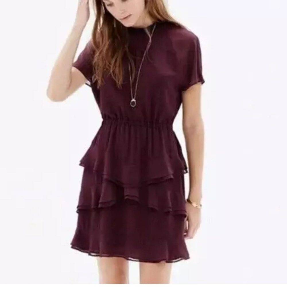 Madewell Radiant Plum Purple Tiered Ruffle Chiffon Dress Short Sleeve Sz 8